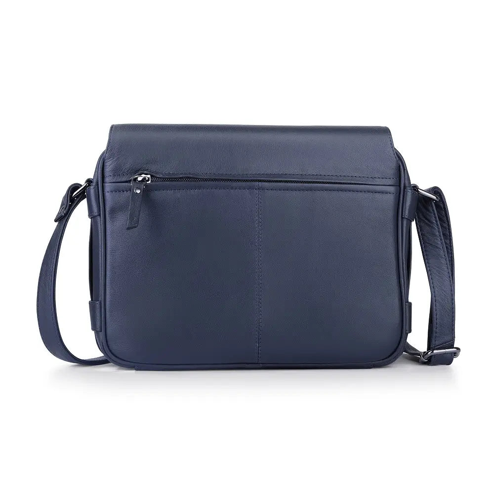 Navy leather crossbody bag back view highlighting triple-compartment structure and zipped back pocket.