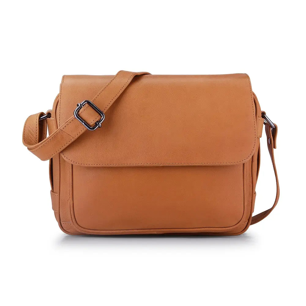 Tan leather multi-compartment crossbody bag front view with magnetic flap and front slip pocket.