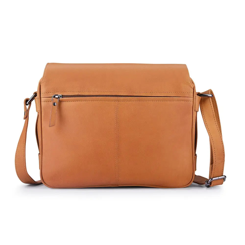Tan leather multi-compartment crossbody bag front view with magnetic flap and front slip pocket.