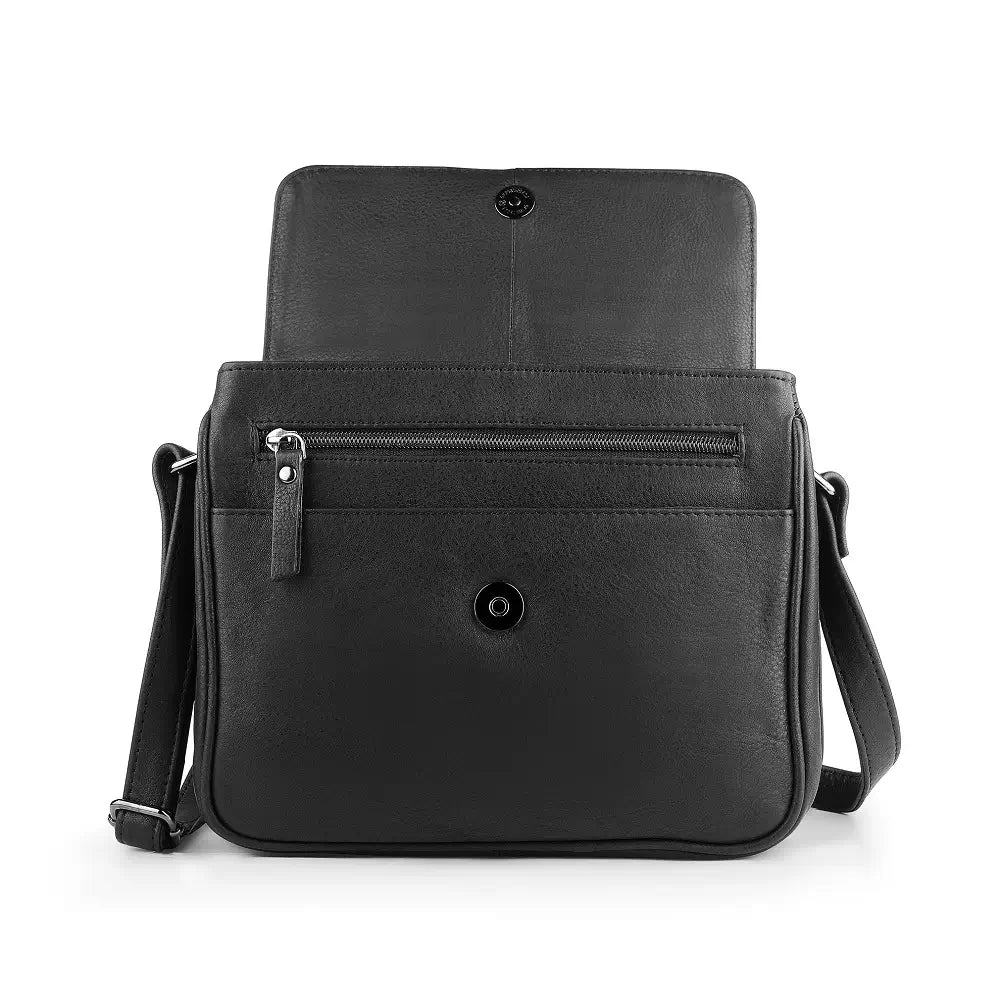Inside view of Black Leather Flap Over Crossbody Organiser Bag with organiser pockets, pen loops, and card slots