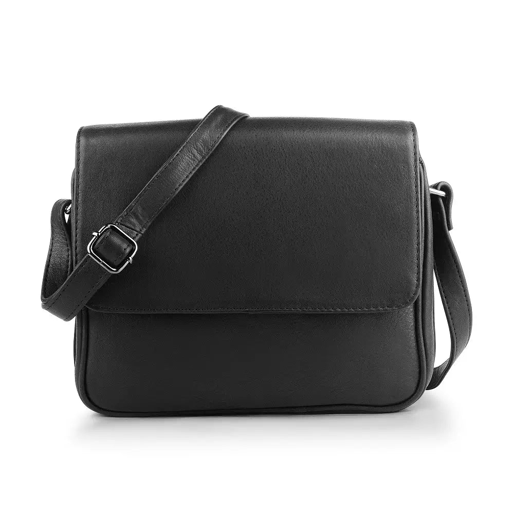 Front view of Black Leather Flap Over Crossbody Organiser Bag in soft leather with flap-over magnetic closure.
