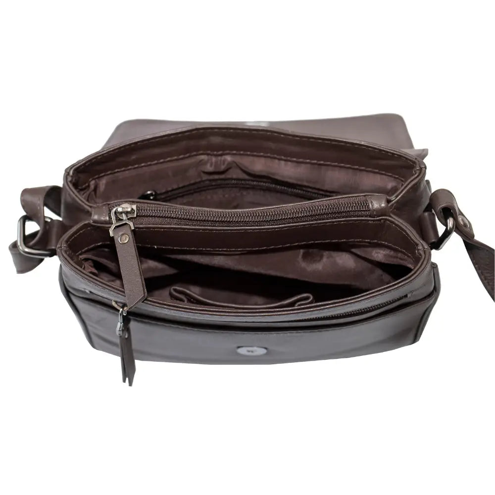 Interior of Leather Flap Over Crossbody Bag in brown leather with organiser pockets