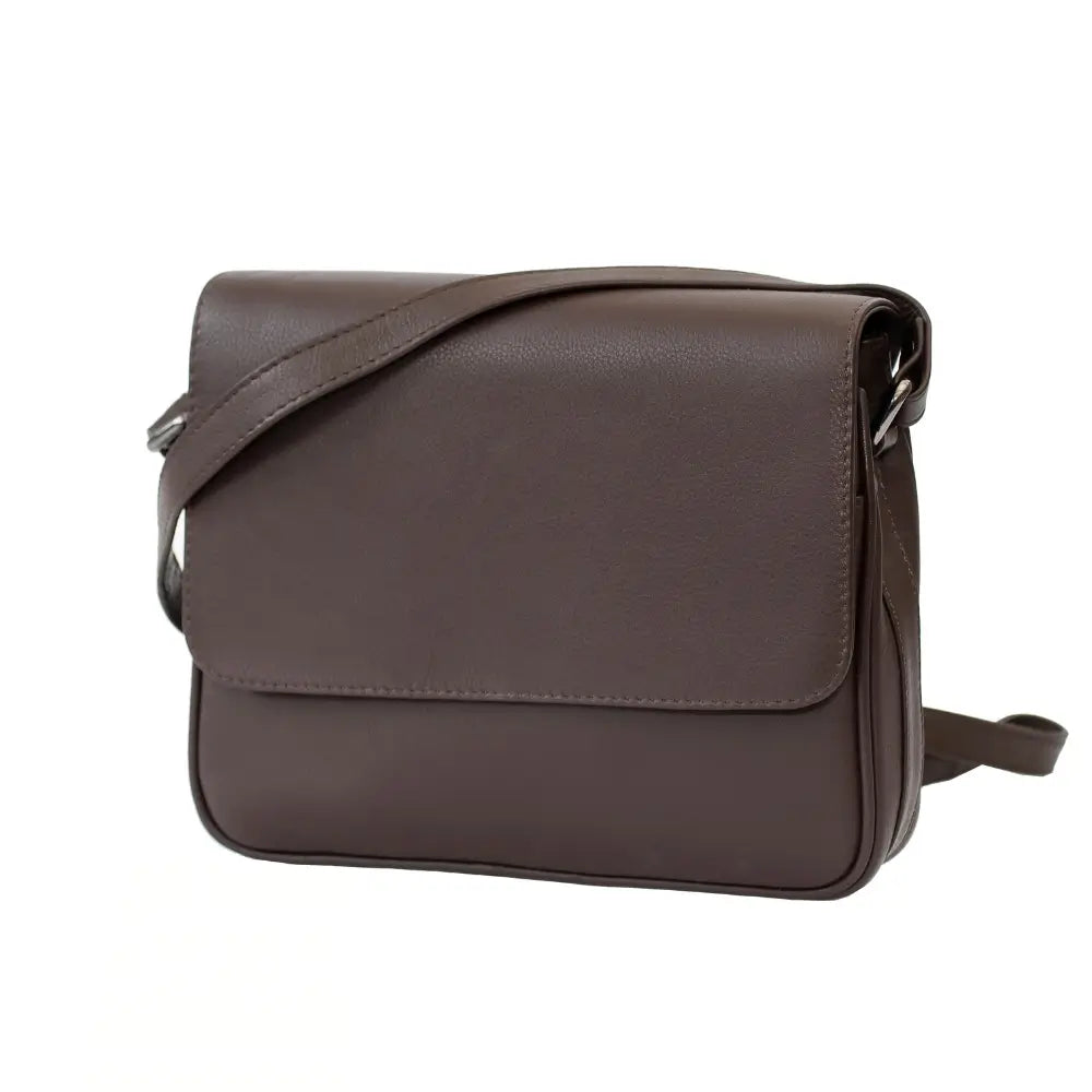 Leather Flap Over Crossbody Organiser Bag in soft brown leather with magnetic flap closure