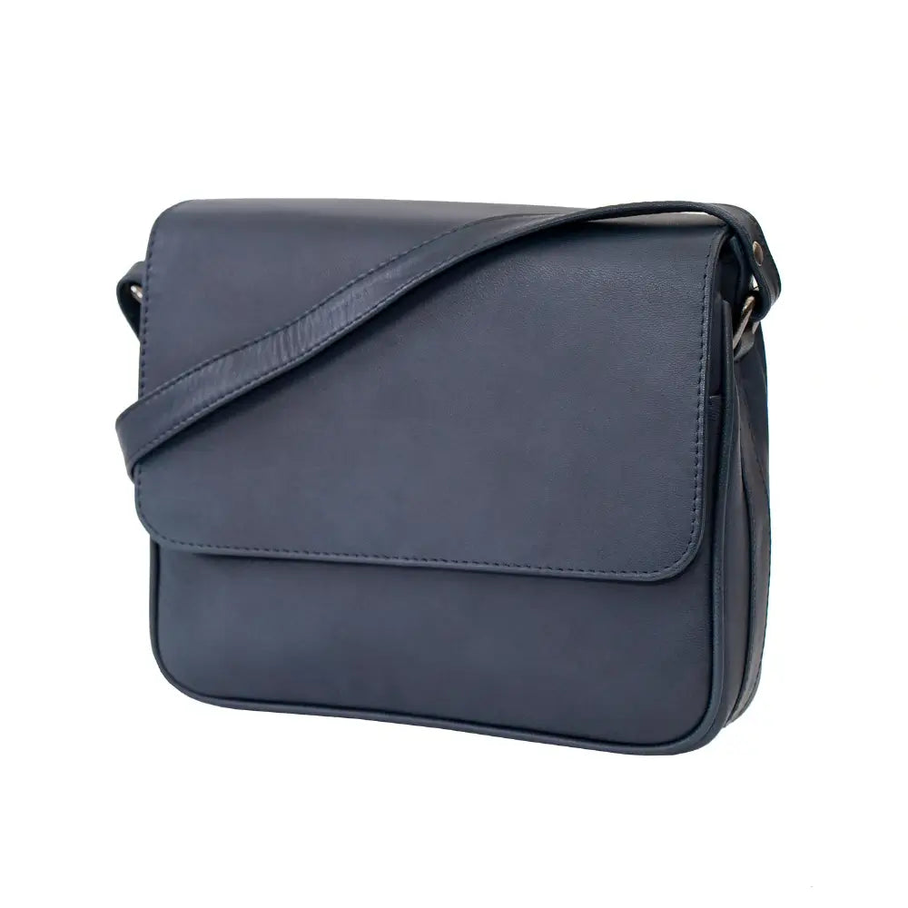 Leather Flap Over Crossbody Organiser Bag in navy blue leather with magnetic flap closure