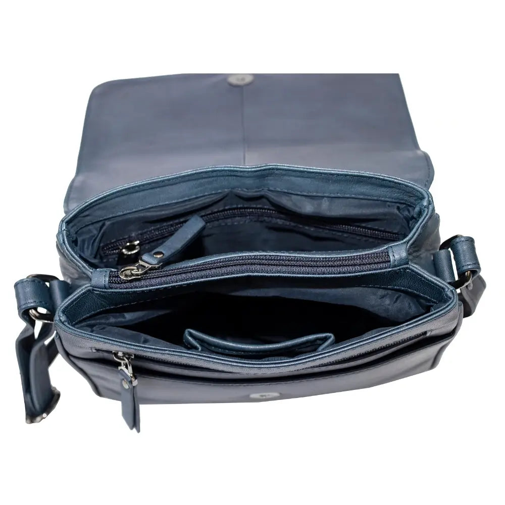Interior of Leather Flap Over Crossbody Bag in navy leather with organiser pockets