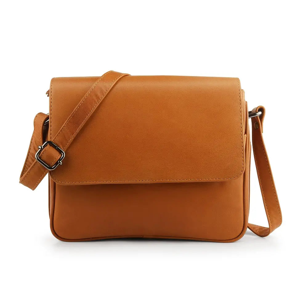 Leather Flap Over Crossbody Organiser Bag in soft tan leather with magnetic flap closure