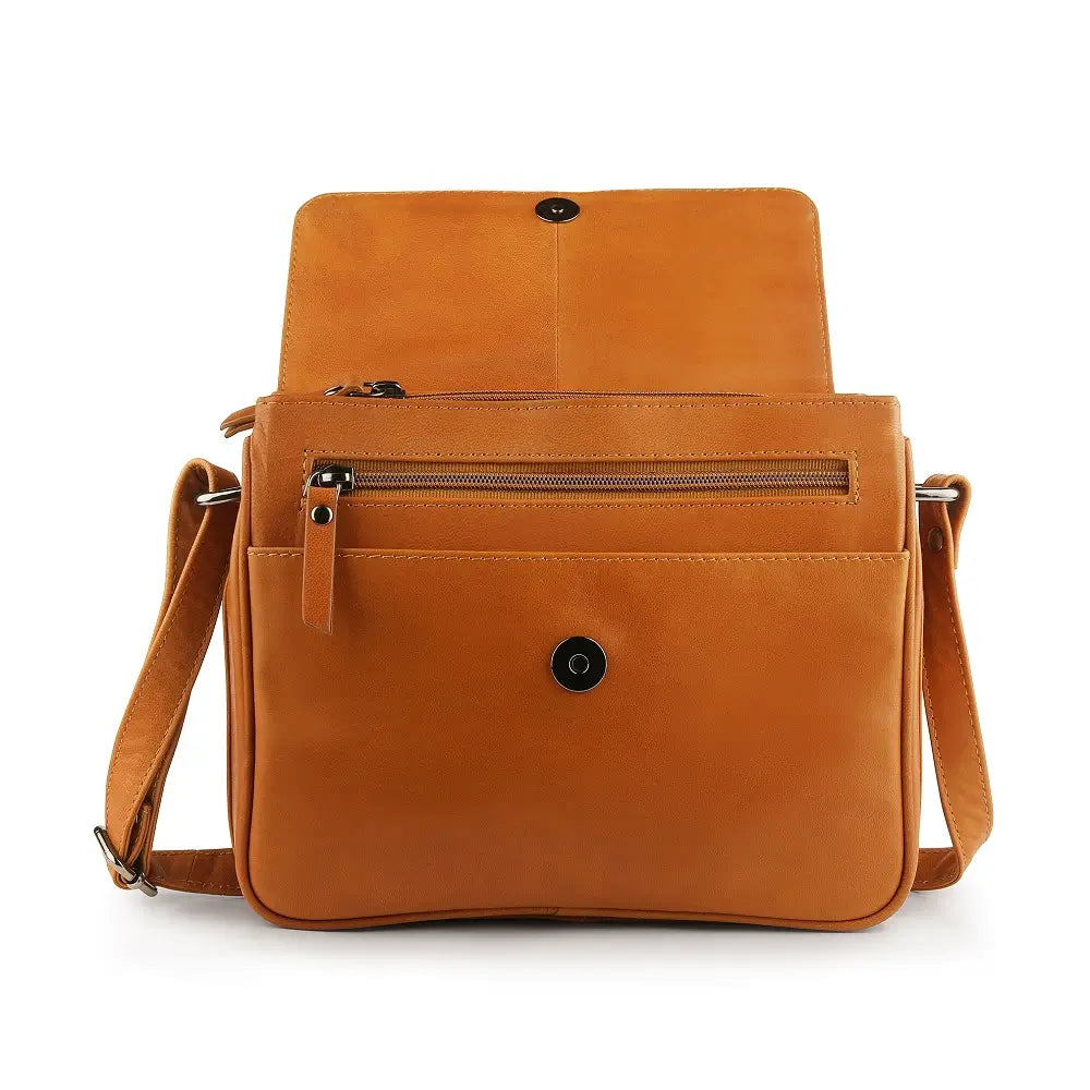 Interior of Leather Flap Over Crossbody Bag in tan leather with organiser pockets
