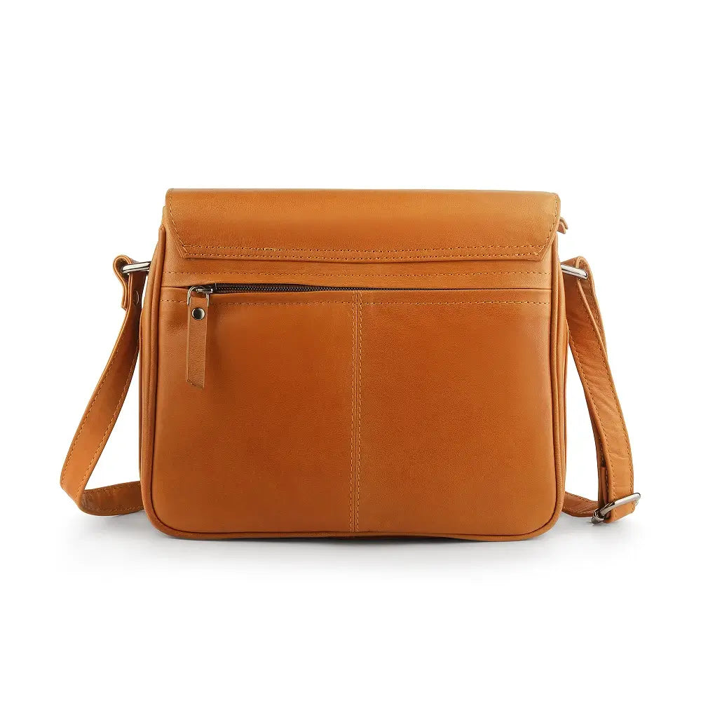 Leather Flap Over Crossbody Organiser Bag in soft tan leather with magnetic flap closure