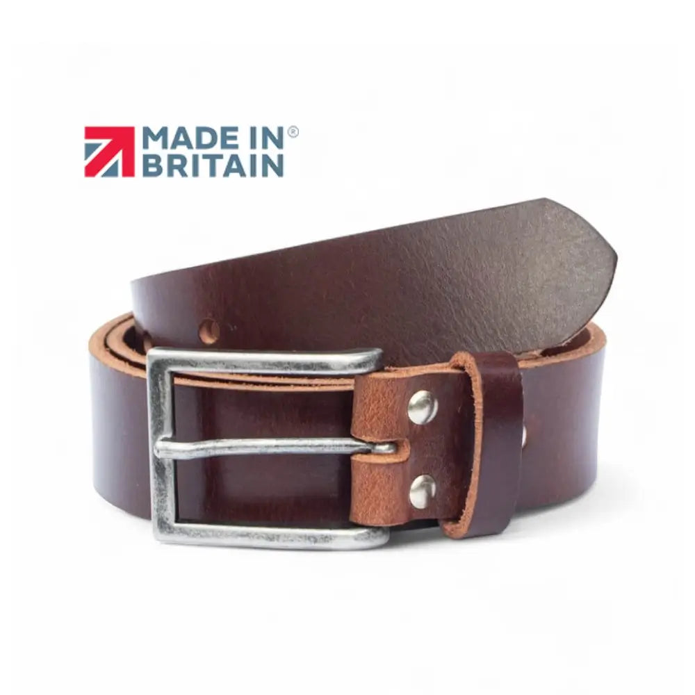 Chocolate brown full-grain leather belt 35mm with metal buckle – front view
