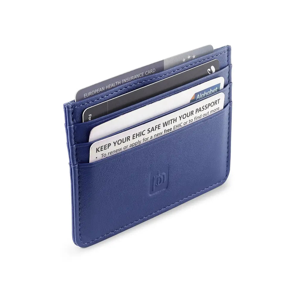 Indigo blue leather coin purse filled with cards – inside view