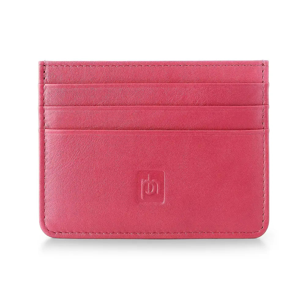 Pink genuine leather coin purse with six card slots – front view