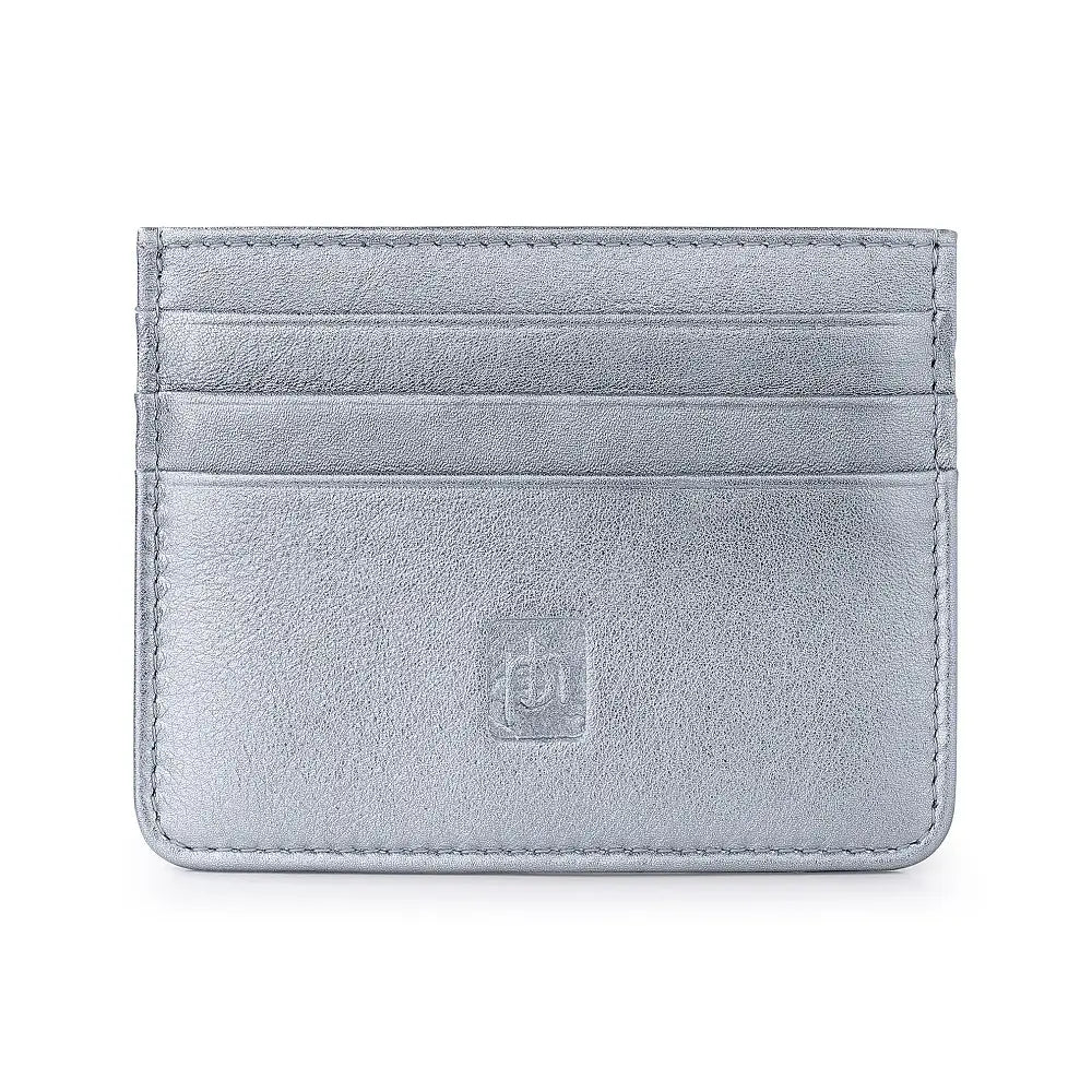 Silver coin purse front view made of genuine leather with RFID-secure center pocket.