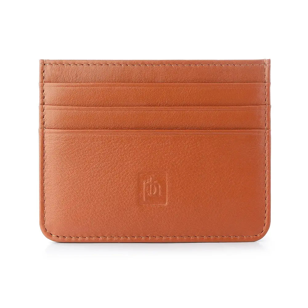 Tan leather coin purse front view with RFID-secure center pocket.