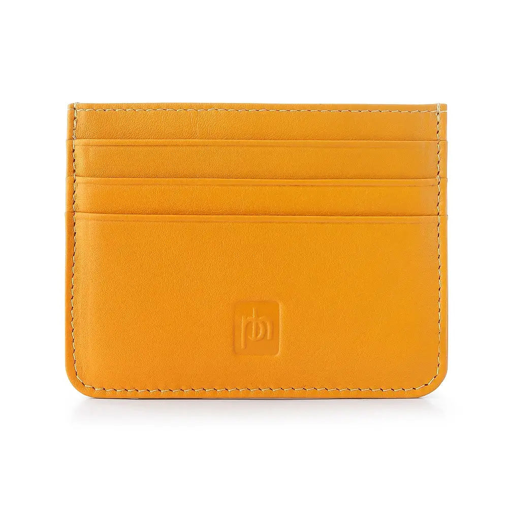 Yellow leather coin purse front view with RFID-secure pocket.