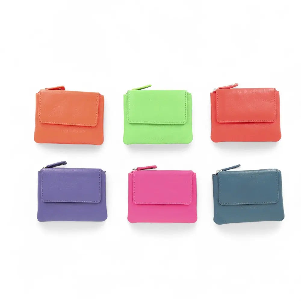 Multicolor collection of soft leather coin purses with front flap opening and top zipped section – Coin Purse Style 1760 in navy, red, orange, green, berry, and purple