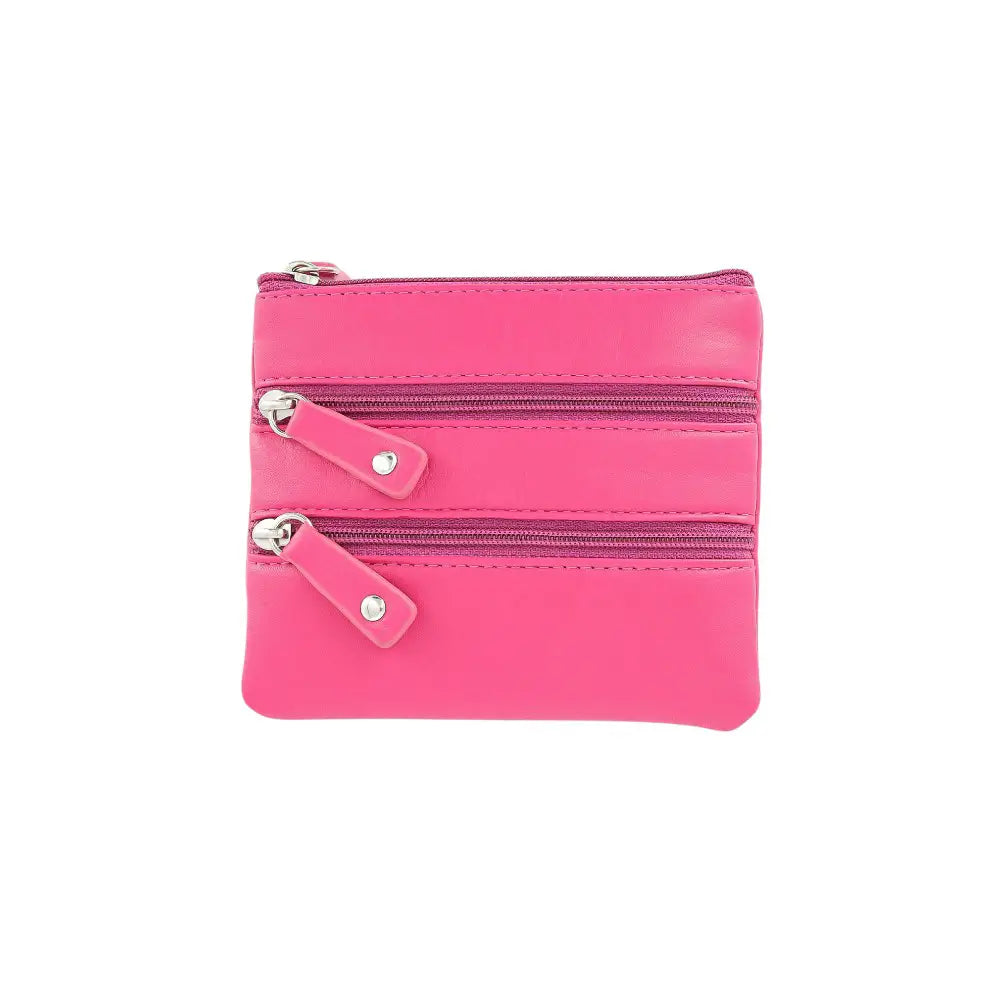 Front view of Coin Purse Style 1751 in berry with 3 zipped coin pockets and key fob