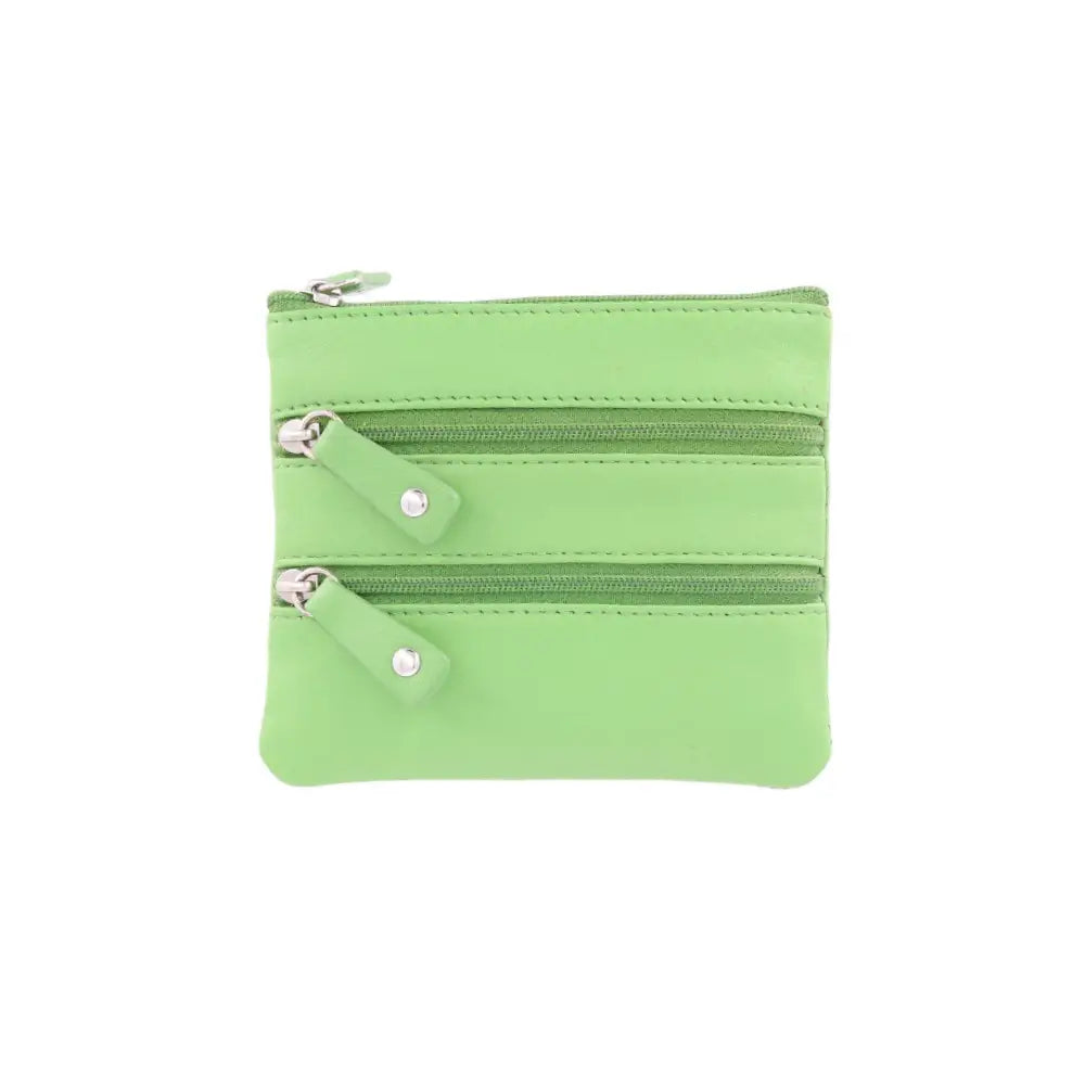 Front view of Coin Purse Style 1751 in green with 3 zipped coin pockets and key fob