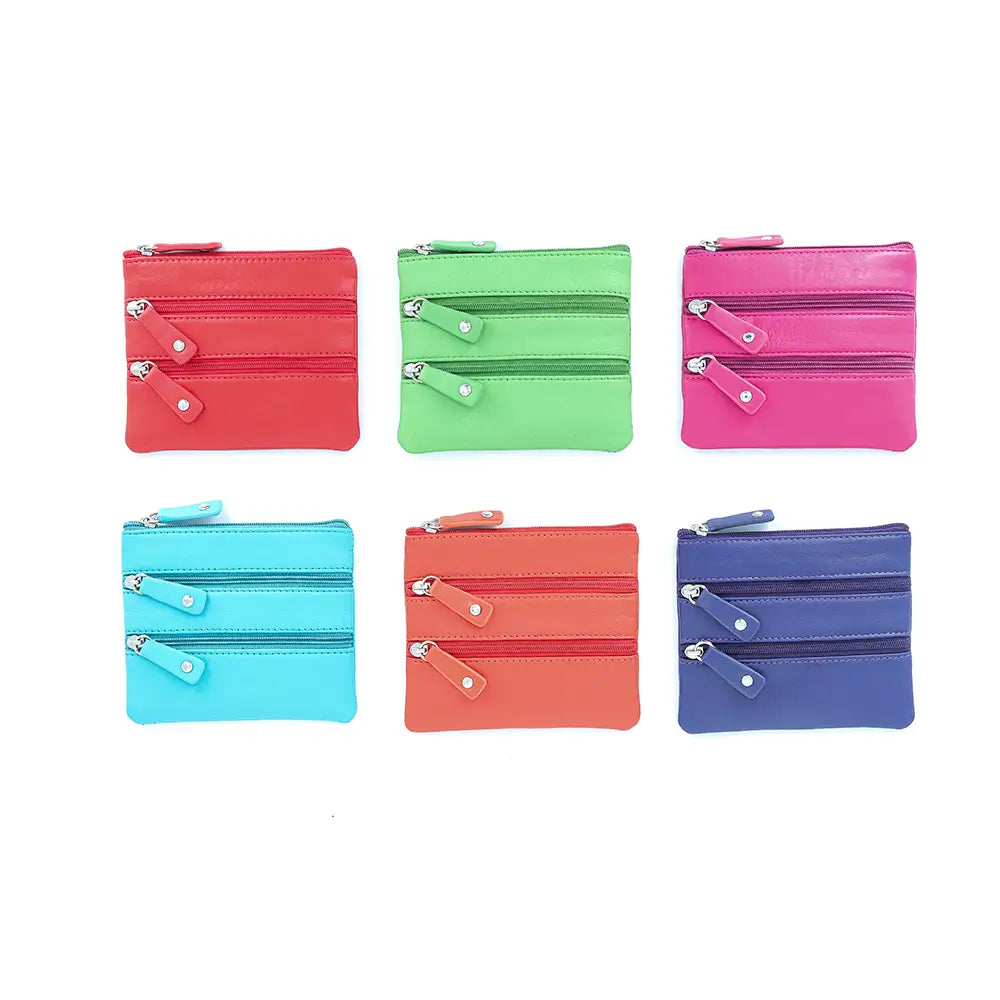 Front view of Coin Purse Style 1751 in multiple colors – berry, green, orange, purple, red, and turquoise with 3 zipped coin pockets and key fob