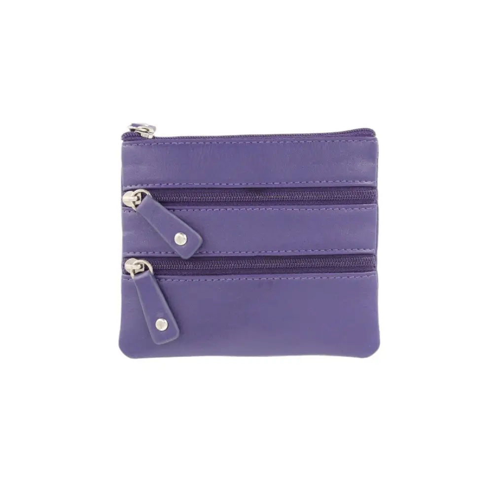 Front view of Coin Purse Style 1751 in purple with 3 zipped coin pockets and key fob