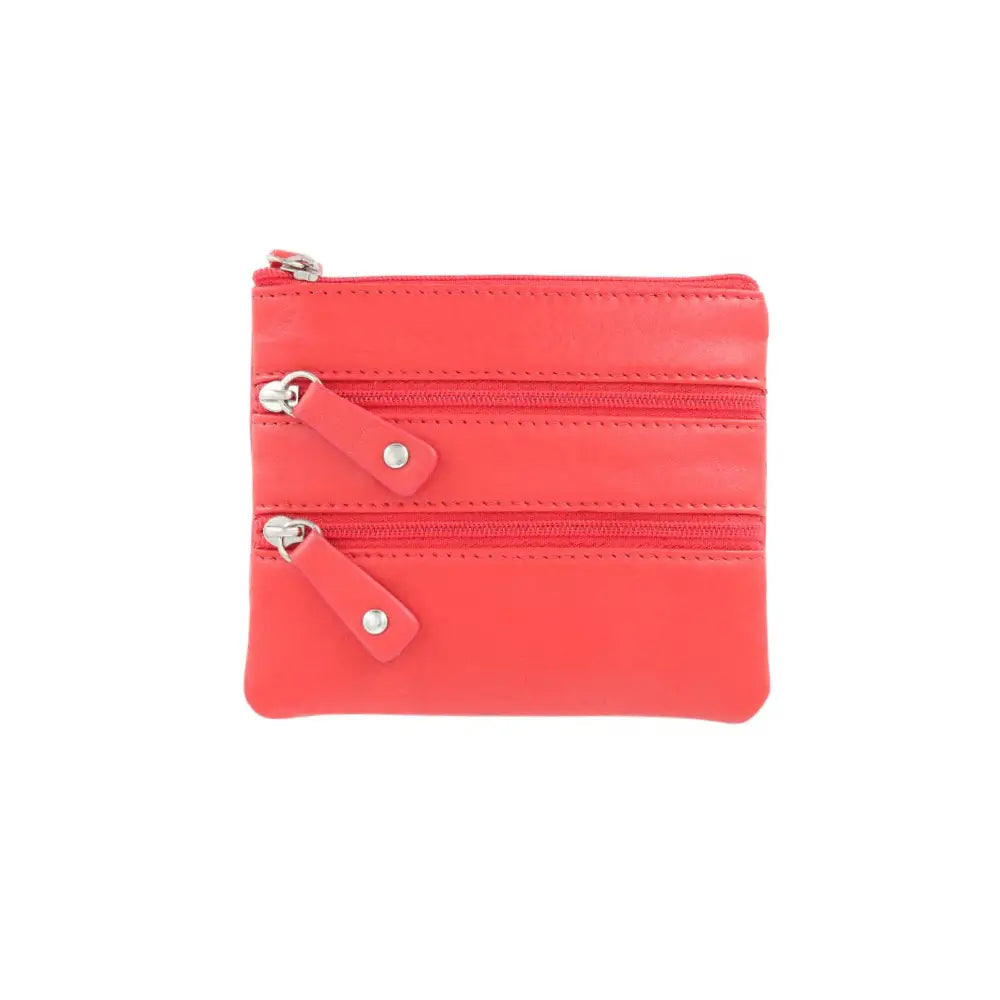 Front view of Coin Purse Style 1751 in red with 3 zipped coin pockets and key fob
