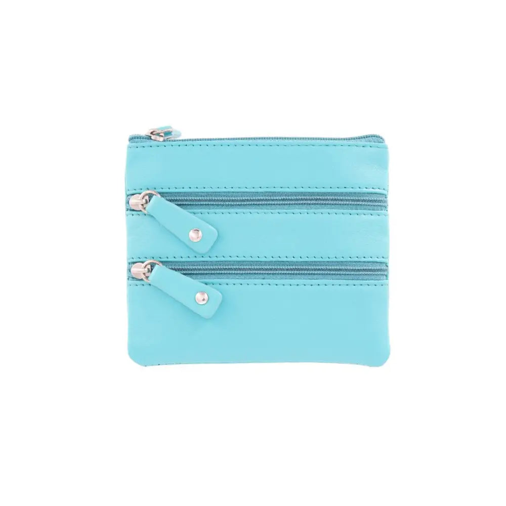 Front view of Coin Purse Style 1751 in turquoise with 3 zipped coin pockets and key fob