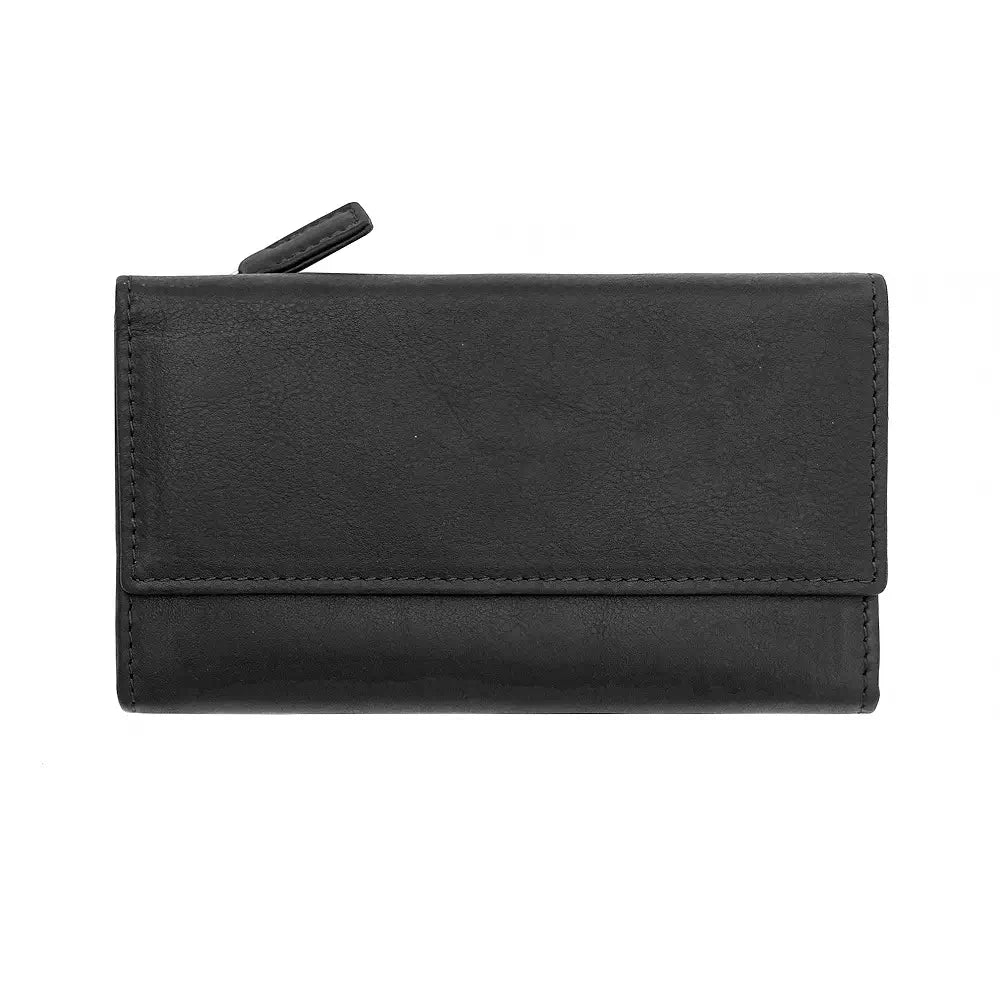 Front view of black RFID Secure trifold leather card holder with flap and press stud closure