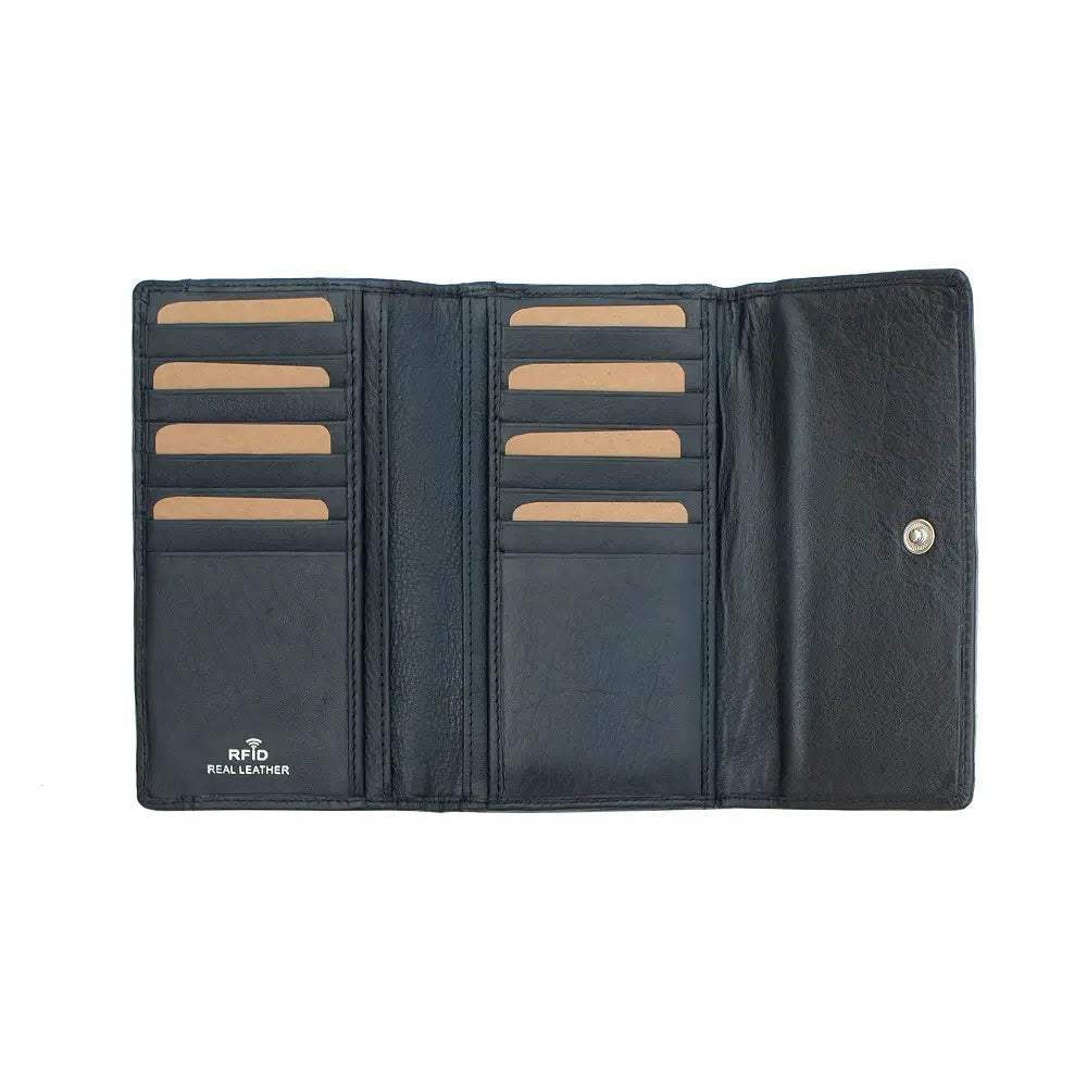Open view of black RFID Secure trifold leather card holder showing multiple card slots and compartments