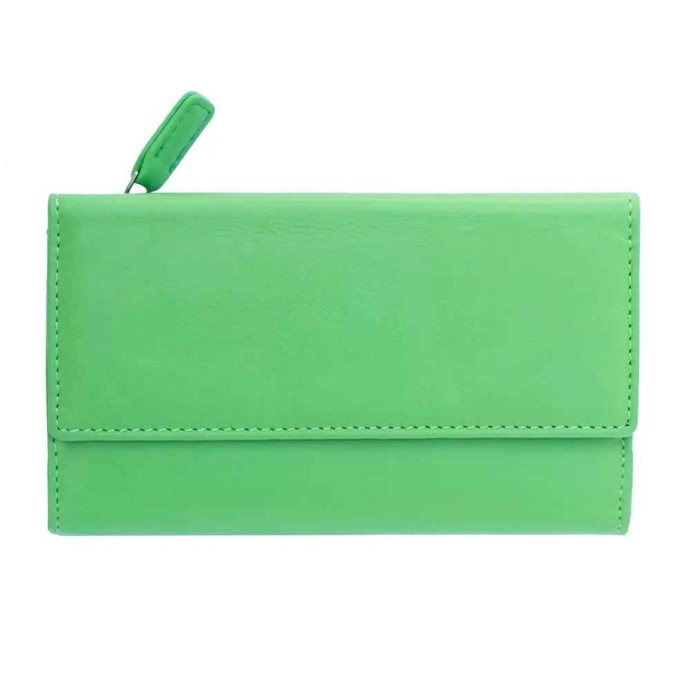 Front view of green RFID Secure trifold leather card holder with front flap and rear zipped pocket