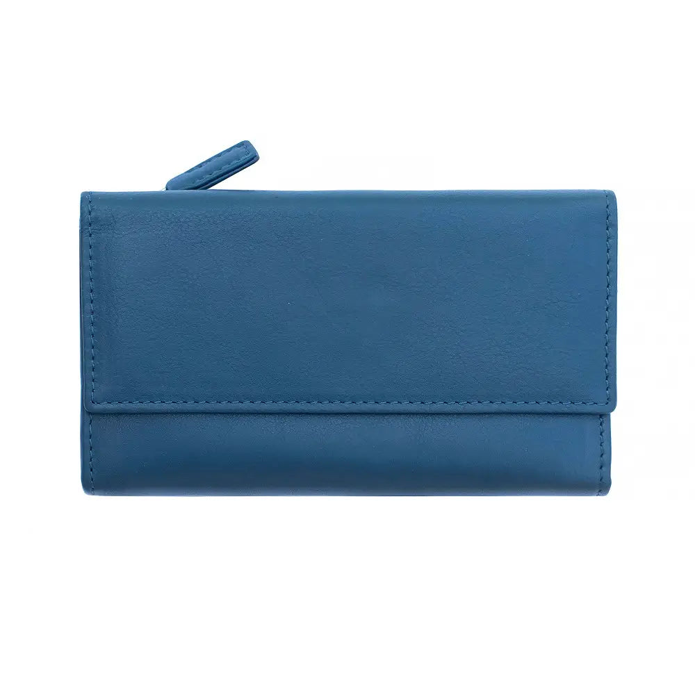 Front view of navy RFID Secure trifold leather card holder with flap and press stud fastening