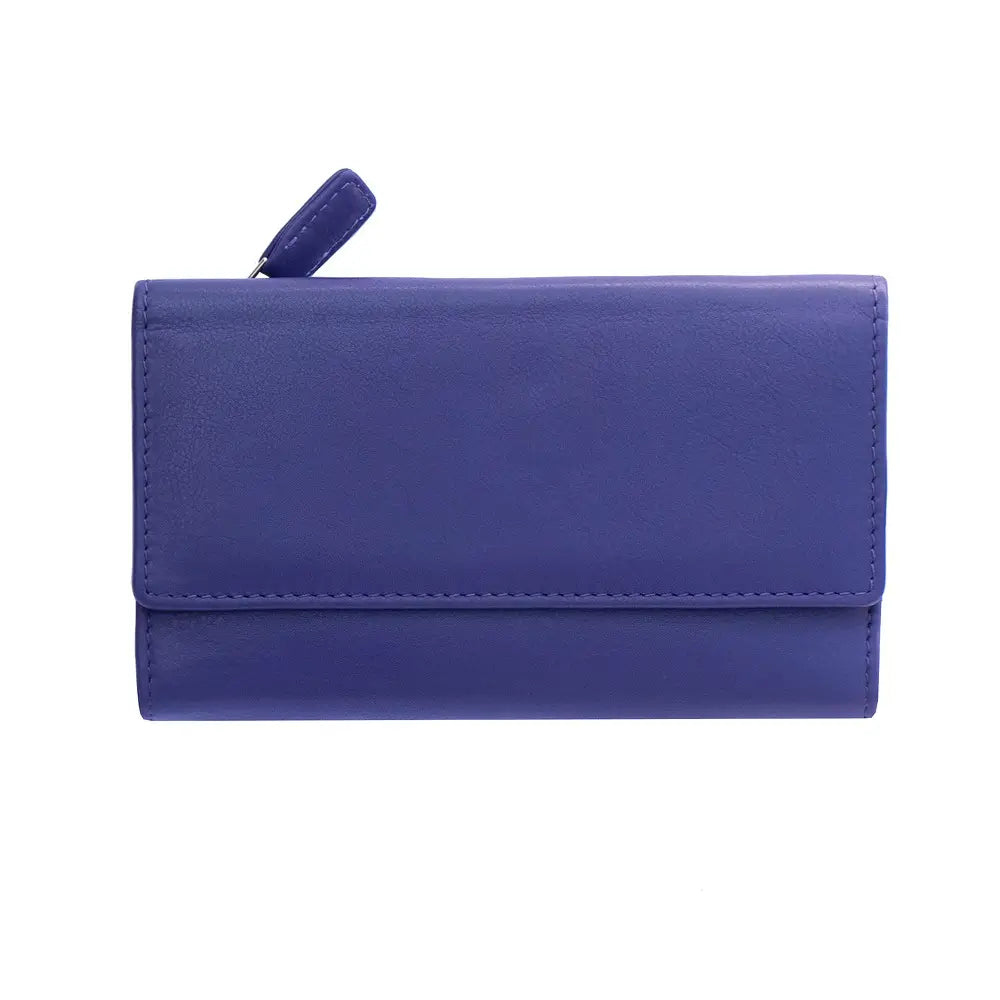 Front view of purple RFID Secure trifold leather card holder with flap and press stud closure