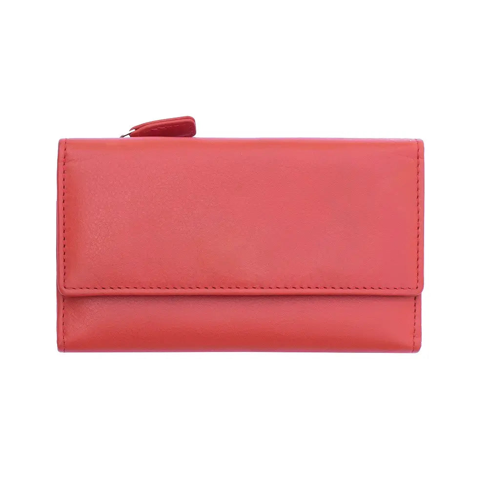 Front view of red RFID Secure trifold leather card holder with flap and press stud fastening
