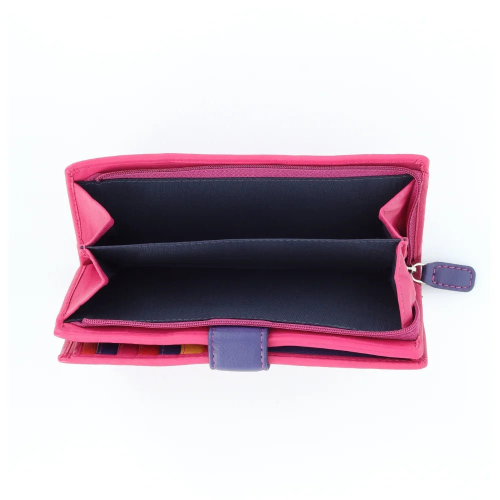 Top view of multicolour RFID Secure bifold leather card holders arranged together showing tab fasteners