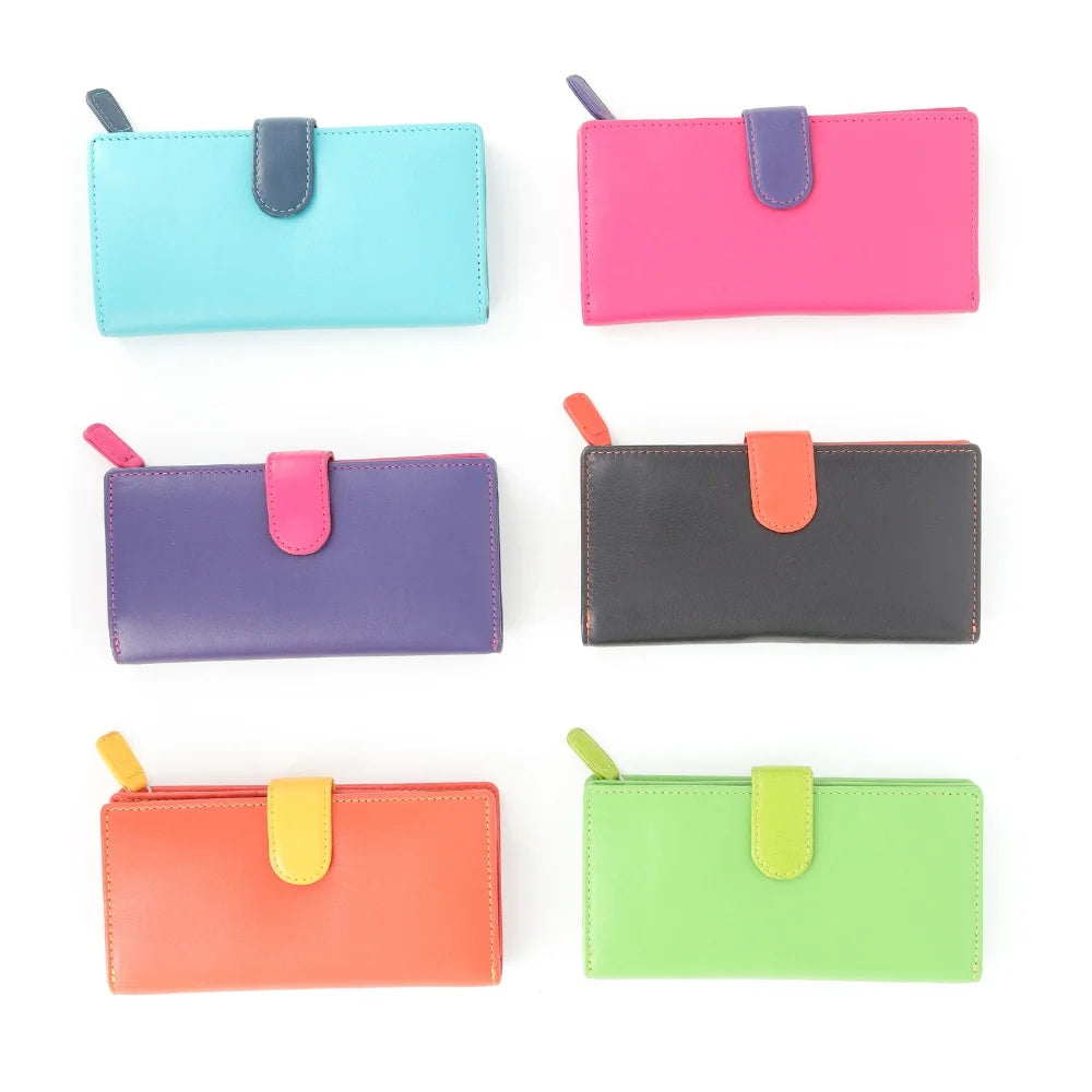 Group shot of Pack of 12 multicolour RFID Secure bifold leather card holders with tab fastener and zipped coin pocket