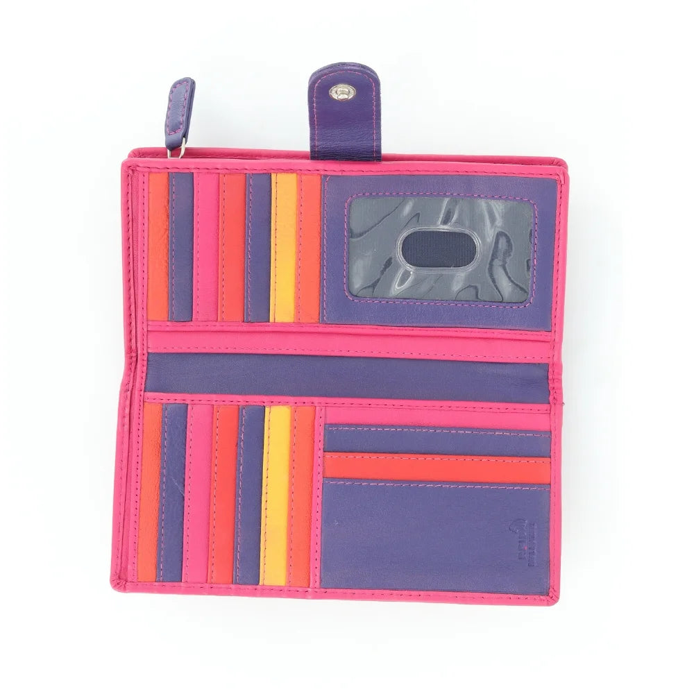 Open view of multicolour RFID Secure bifold leather card holders showing 16 card slots, ID window, note compartments, and zipped coin pocket