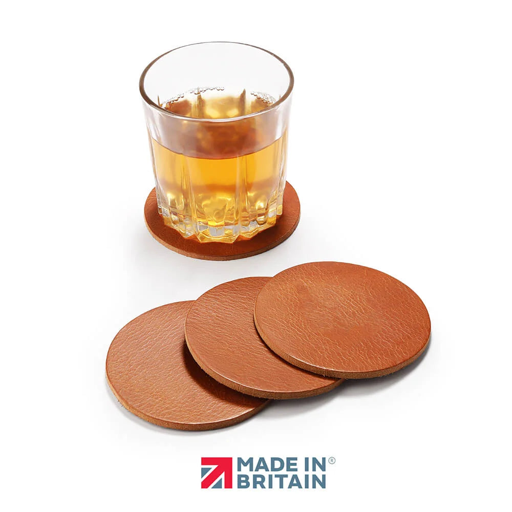 Leather Coasters Set of 4 Handmade in Britain Tan plain