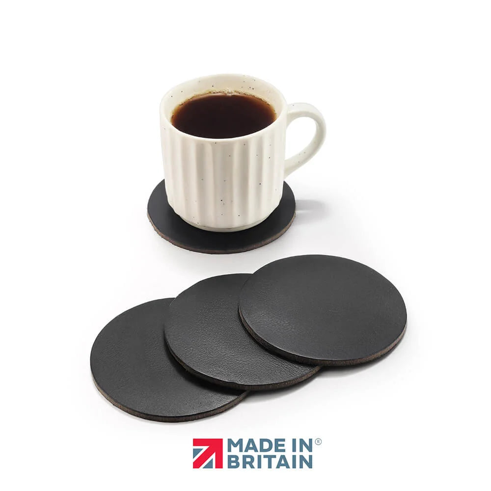 Leather Coasters Set Handmade in Britain Black Set of 4