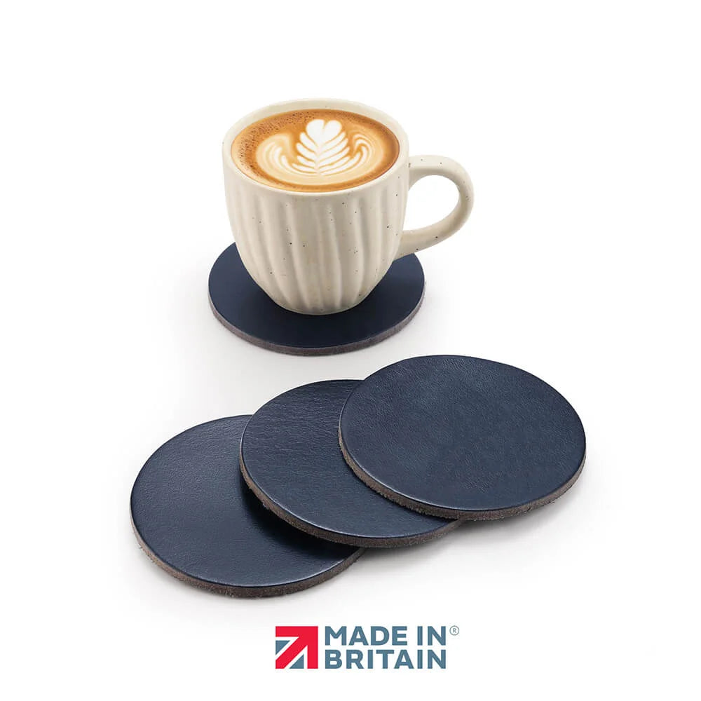 Leather Coasters Set Handmade in Britain Blue plain set of 4
