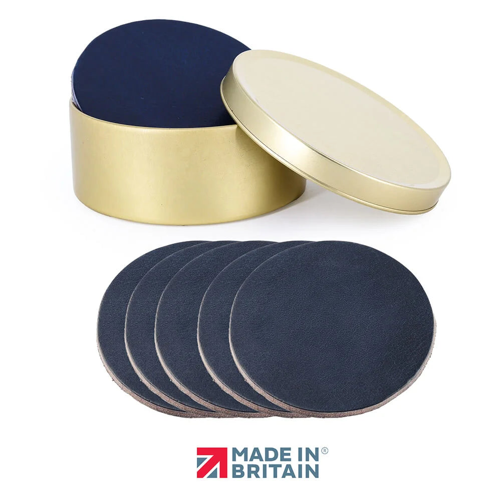 Leather Coasters Set of 6 Handmade in Britain Blue plain