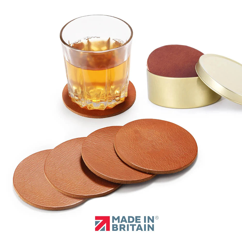 Leather Coasters Set of 6 Handmade in Britain Tan plain