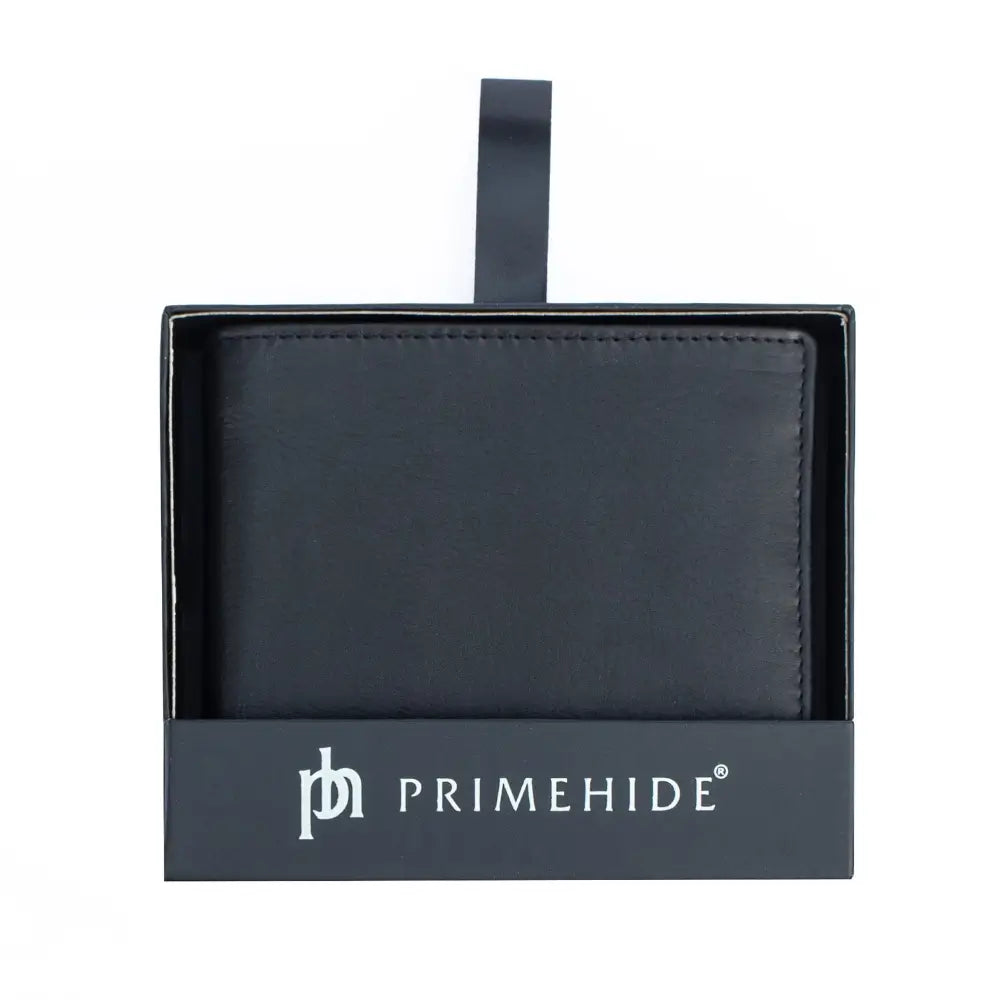 Black genuine leather RFID wallet with a sleek, classic front design.