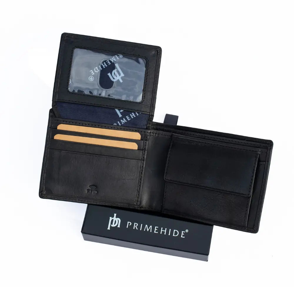 Inside view of black leather RFID wallet showing card slots, ID window, and coin pocket.