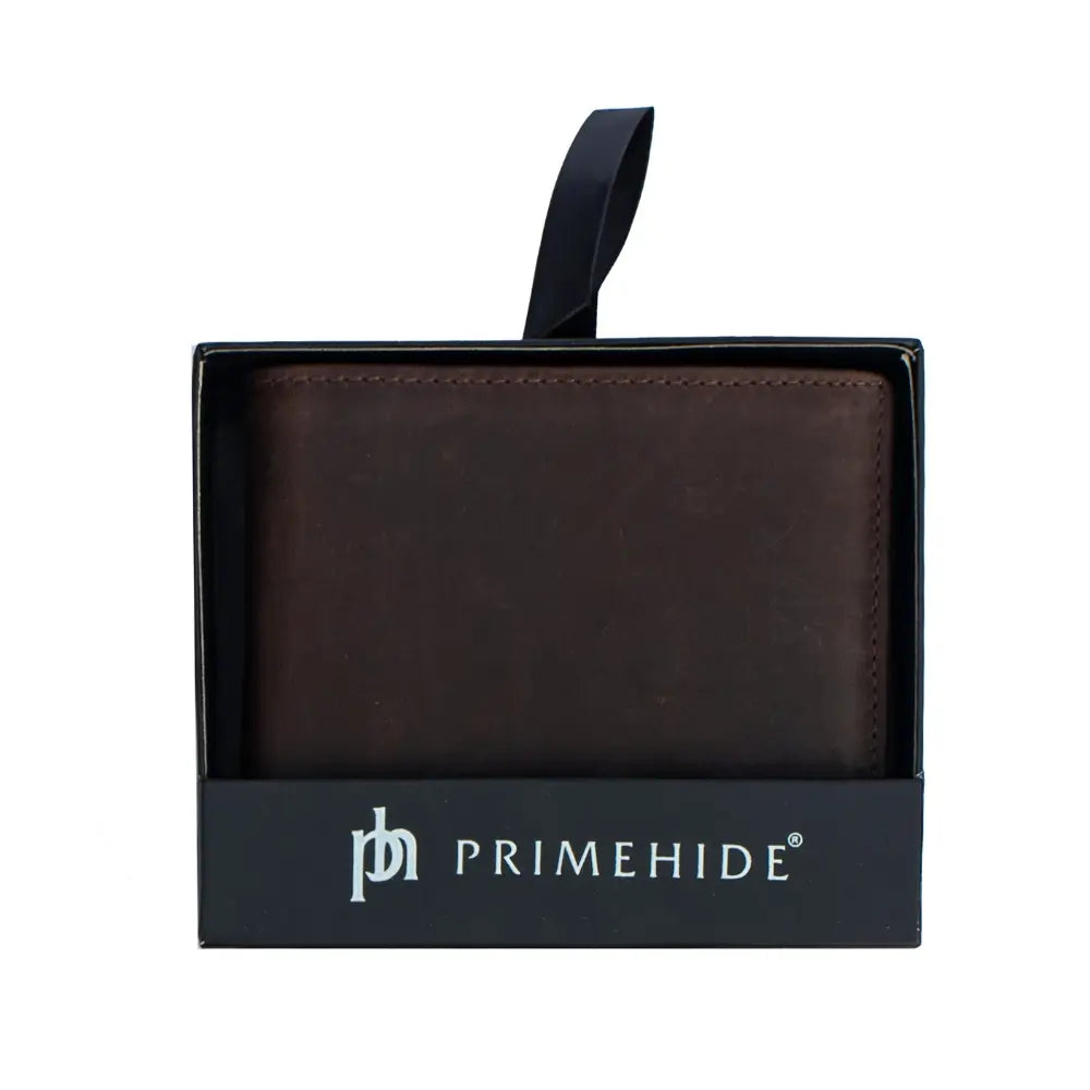 Brown genuine leather RFID wallet with a classic and elegant front design.