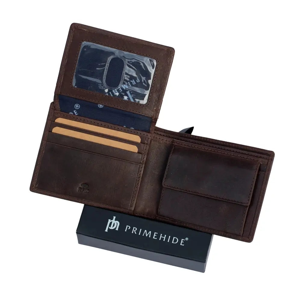 Inside view of brown leather RFID wallet showing card slots, ID window, and buttoned coin pocket.