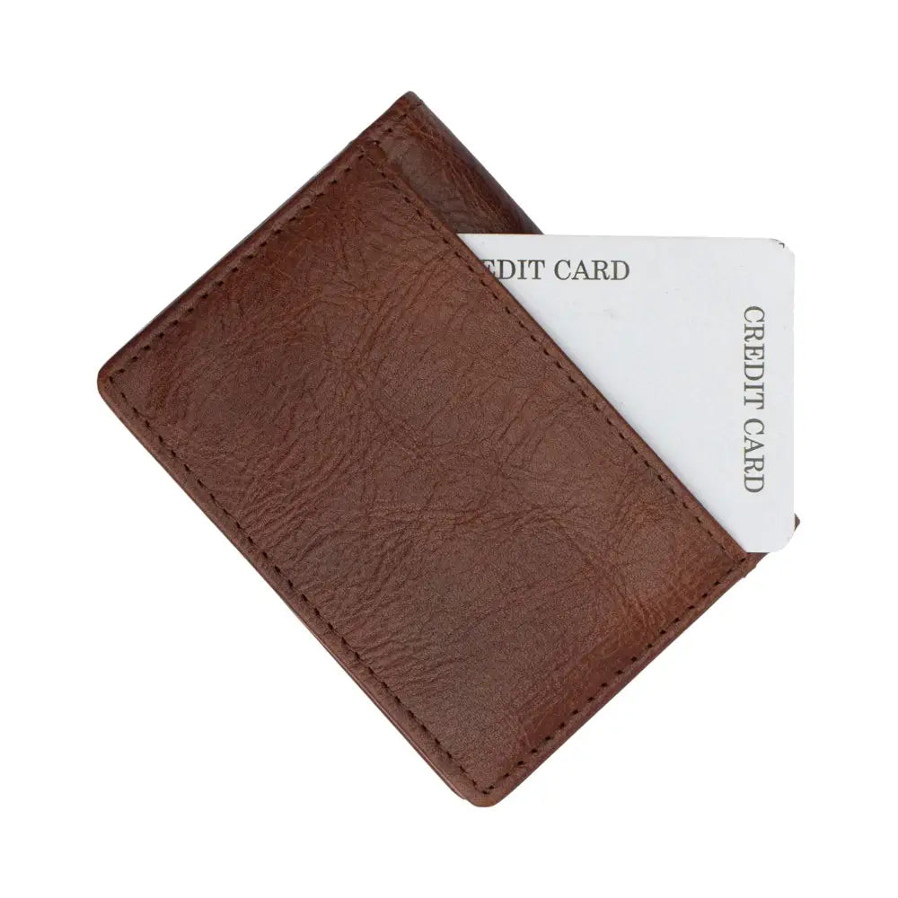 Front view of the brown men’s leather RFID bifold cardholder wallet showing its sleek and compact design.