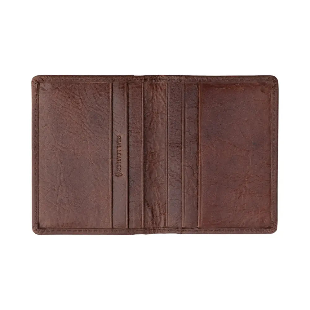 Open view of the brown men’s leather RFID bifold cardholder wallet displaying multiple card slots and inner compartments.