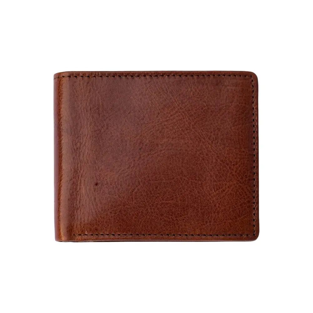Front view of the brown men’s leather RFID bifold wallet showcasing its classic and compact design.