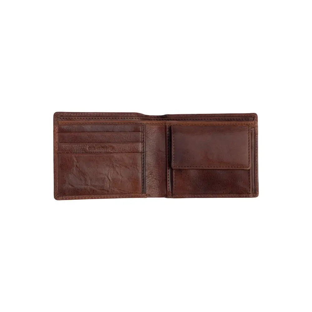 Open view of the brown men’s leather RFID bifold wallet showing multiple card slots, a note section, and a coin pocket with press stud.