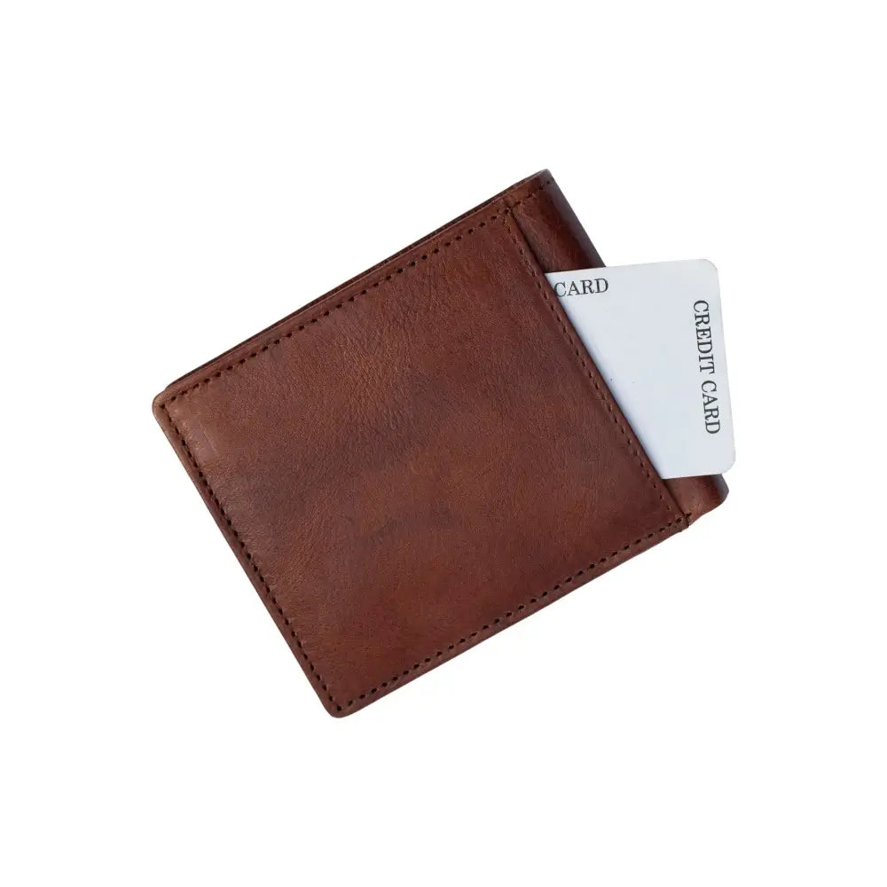 Closed view of the brown men’s leather RFID bifold wallet with a card partly visible in the outer slot.