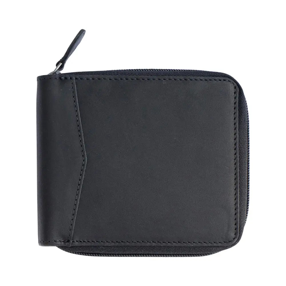 Front view of the black men’s RFID zip-around oily pull up leather wallet showcasing its smooth finish and compact design.