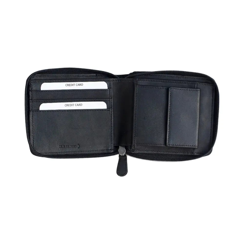 Organised view of the black RFID zip-around leather wallet neatly filled with cards, coins, and notes to demonstrate its storage capacity.